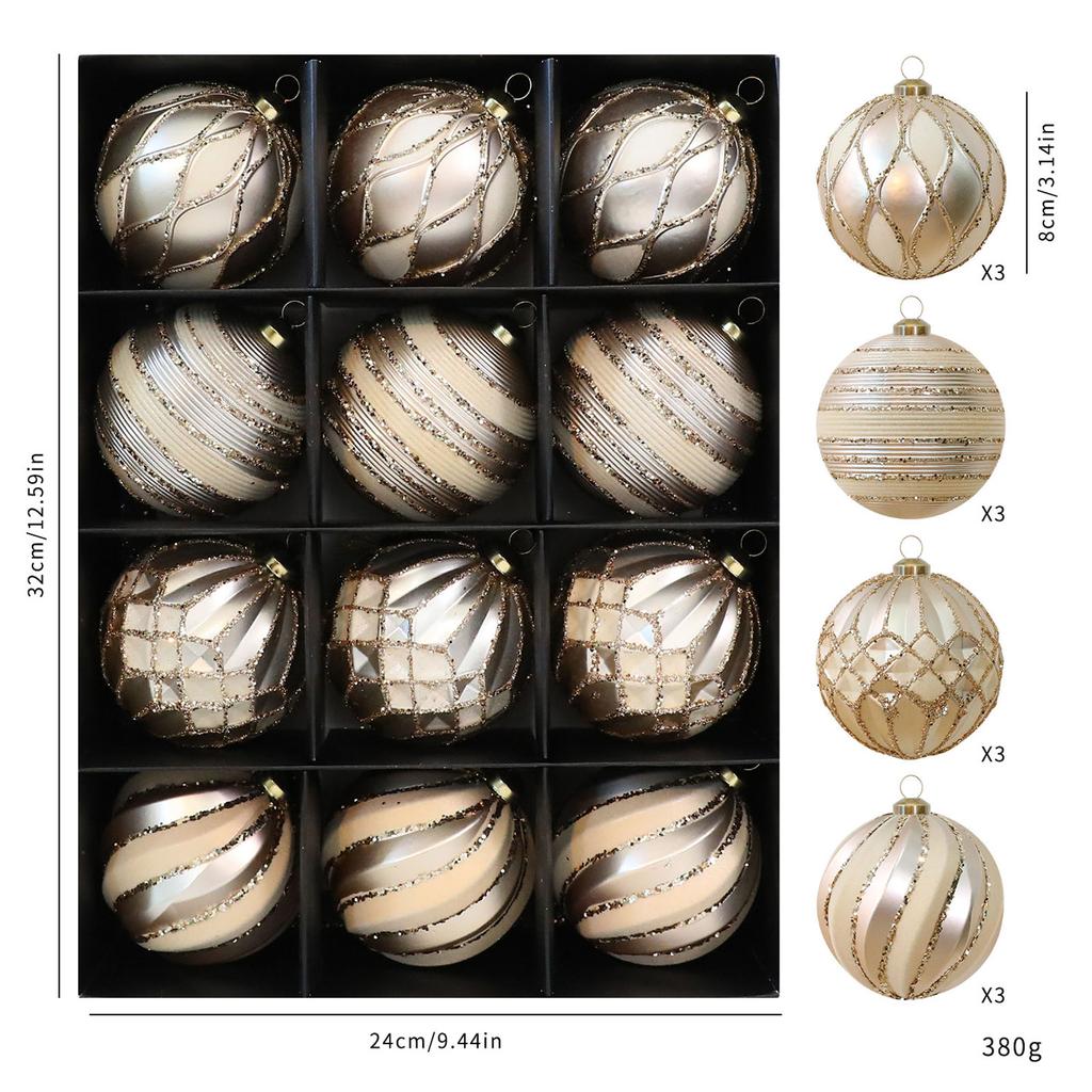 Set of 12 Shatterproof Christmas Tree Ornaments with Glitter Detailing Assorted Decorative Holiday Baubles for Home