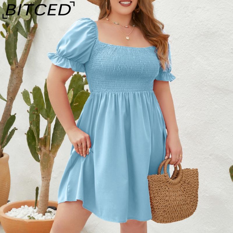 BITCED Plus Size Solid Color Casual Resort Dress Travel Square Neckline Ruffled Puff Sleeve Dress