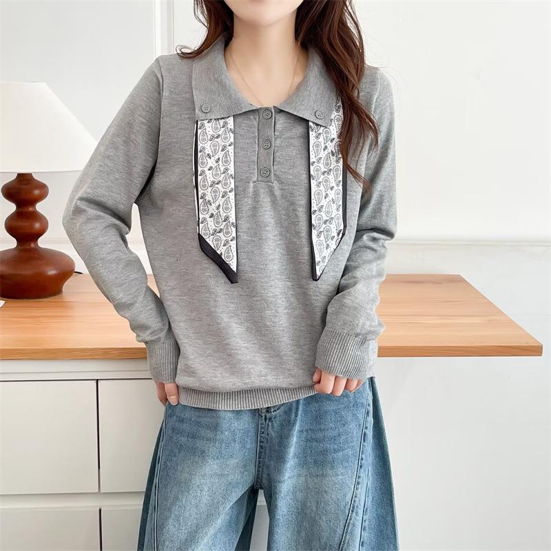2025 Autumn Plus Size Women's Bow Collar Knit Top - Long Sleeve Pullover
