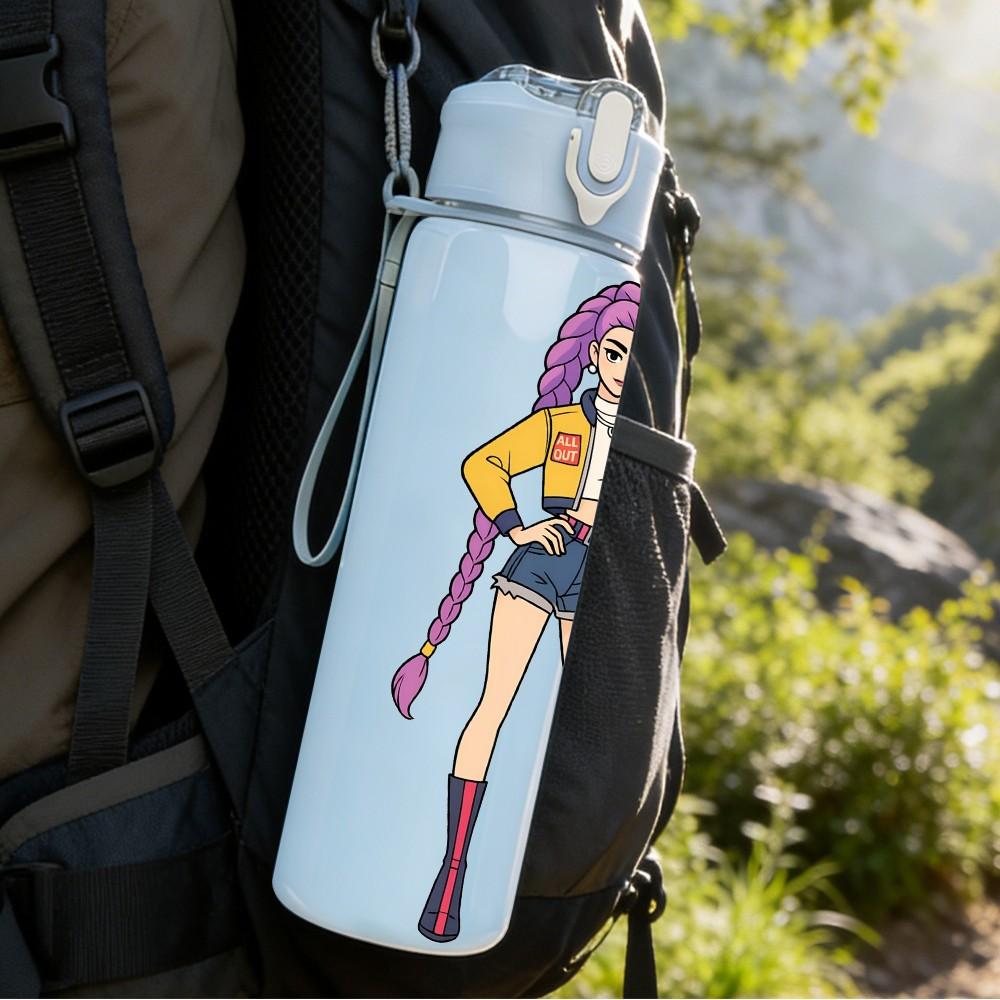 1PC Purple Outfit Girl Warrior 750ml Color Plastic Sports Water Bottle Leakproof Flip Straw Lid Suitable for Sports Office Home Use