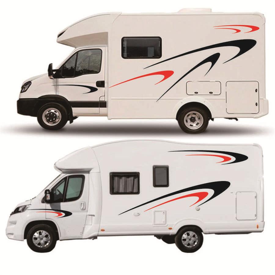 Car Two Body Side Stripes Stickers Vinly Decals Black+Red For Camper RV Trailer