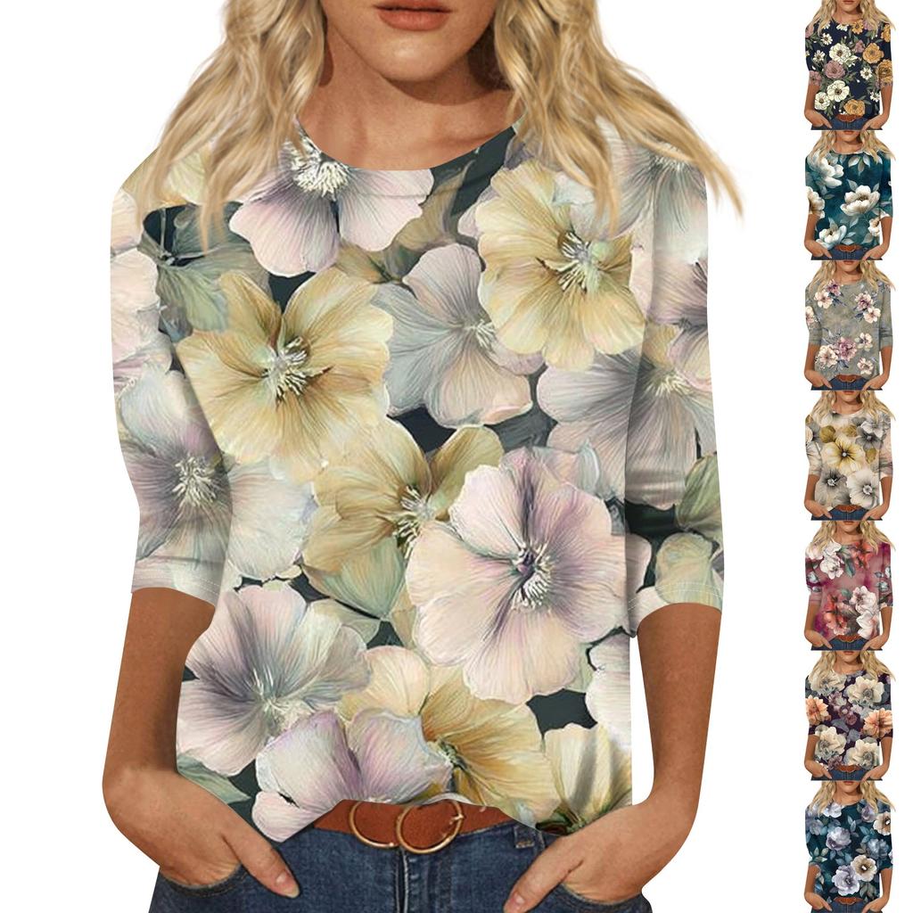 Women's Fashion Casual Round Neck Three Quarter Sleeve Printed T-Shirt Top