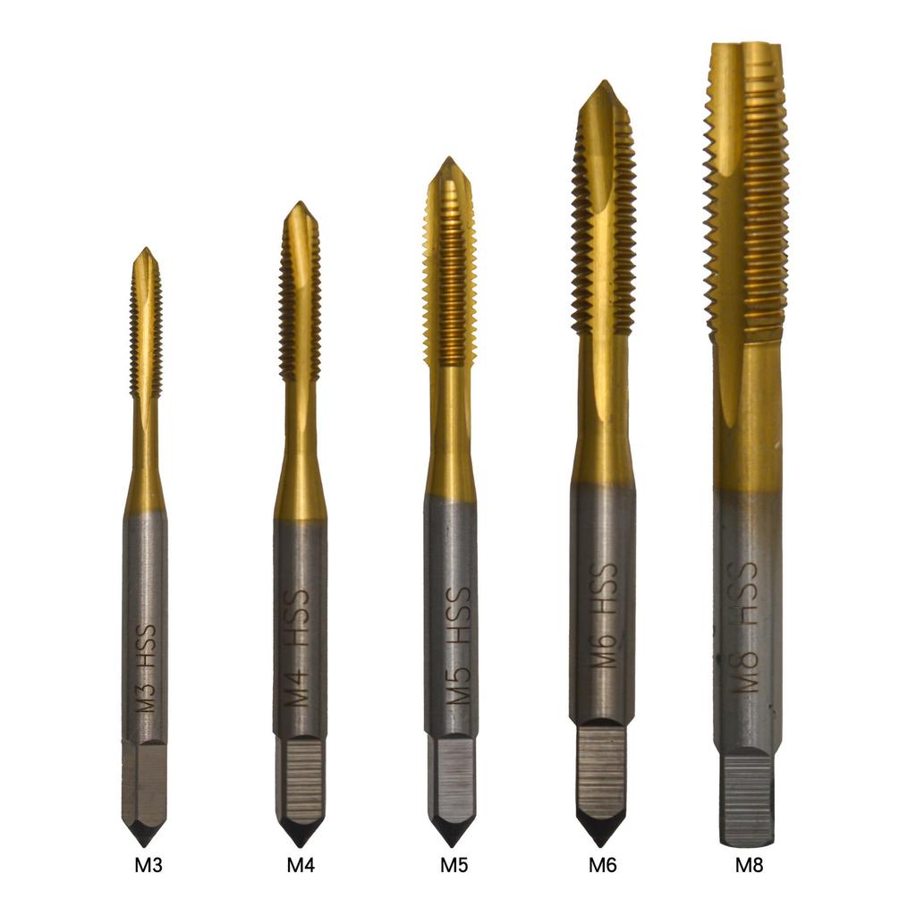 5-Piece Titanium Spiral Point Taper Tap Set, High-Speed Steel Tapping Drill Bits