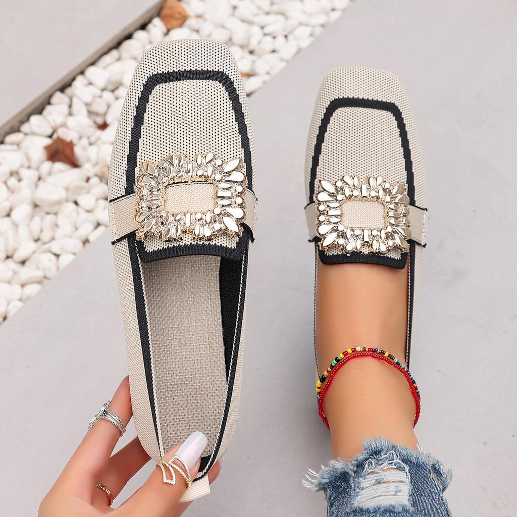 Ladies' Casual Square Toe Flat Shoes with Crystal Buckle Decoration, Breathable Fabric for One Foot Shoes, Rubber Sole, Suitable for All Seasons