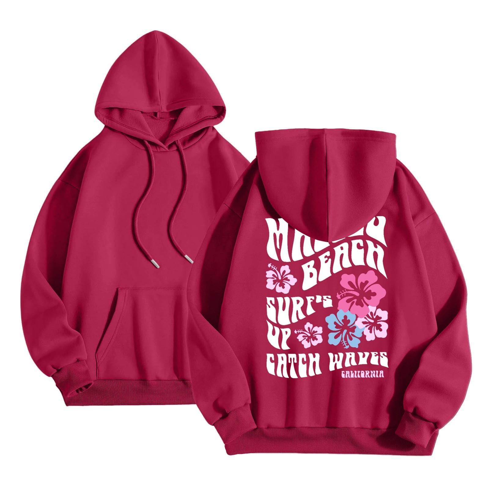 

Женская модная толстовка с длинным рукавом, принтом букв, капюшоном, завязками, большим карманом, толстовка сверху XL красный