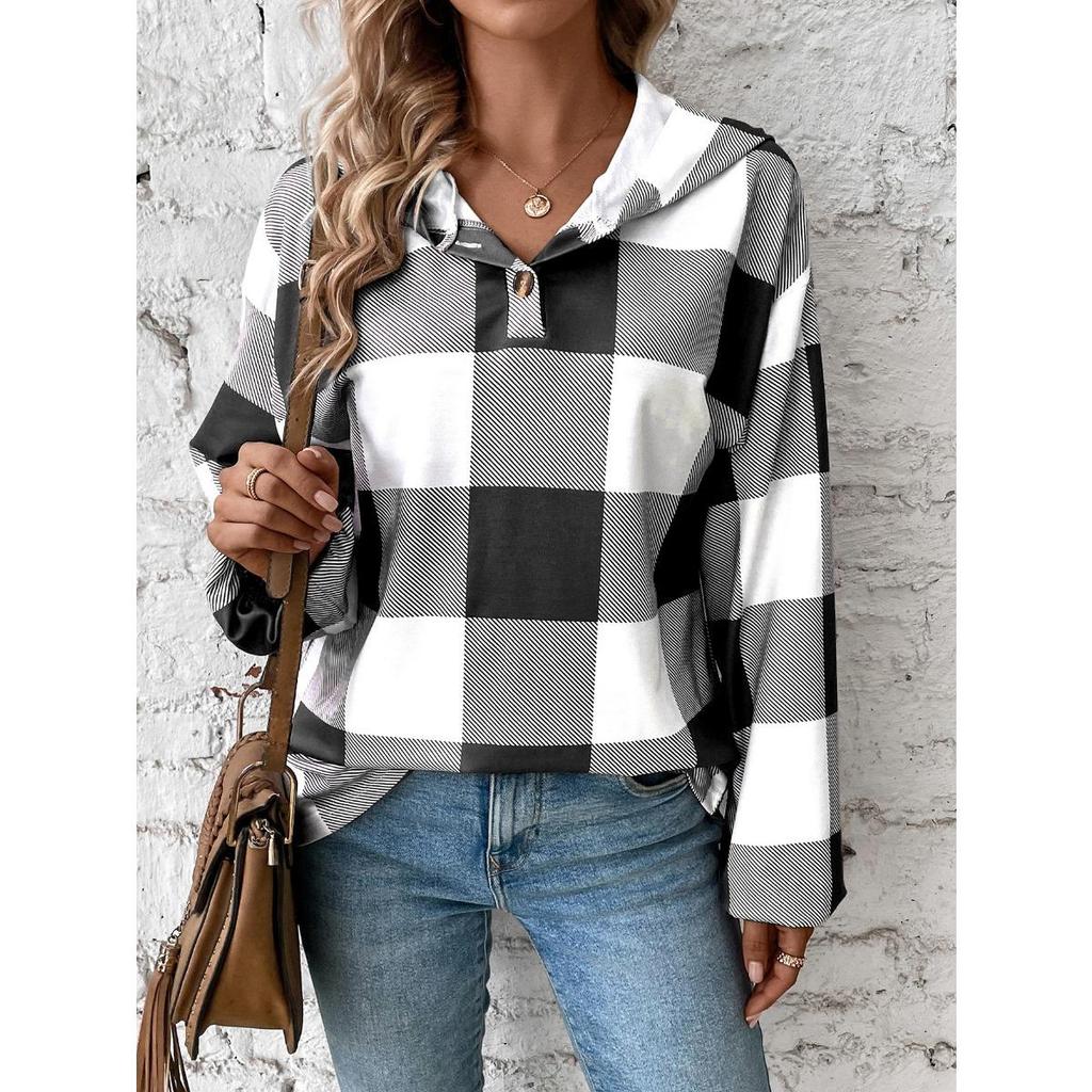 New Women's Oversized Hooded Plaid Print Casual Sweatshirt Long Sleeve Autumn Winter Button