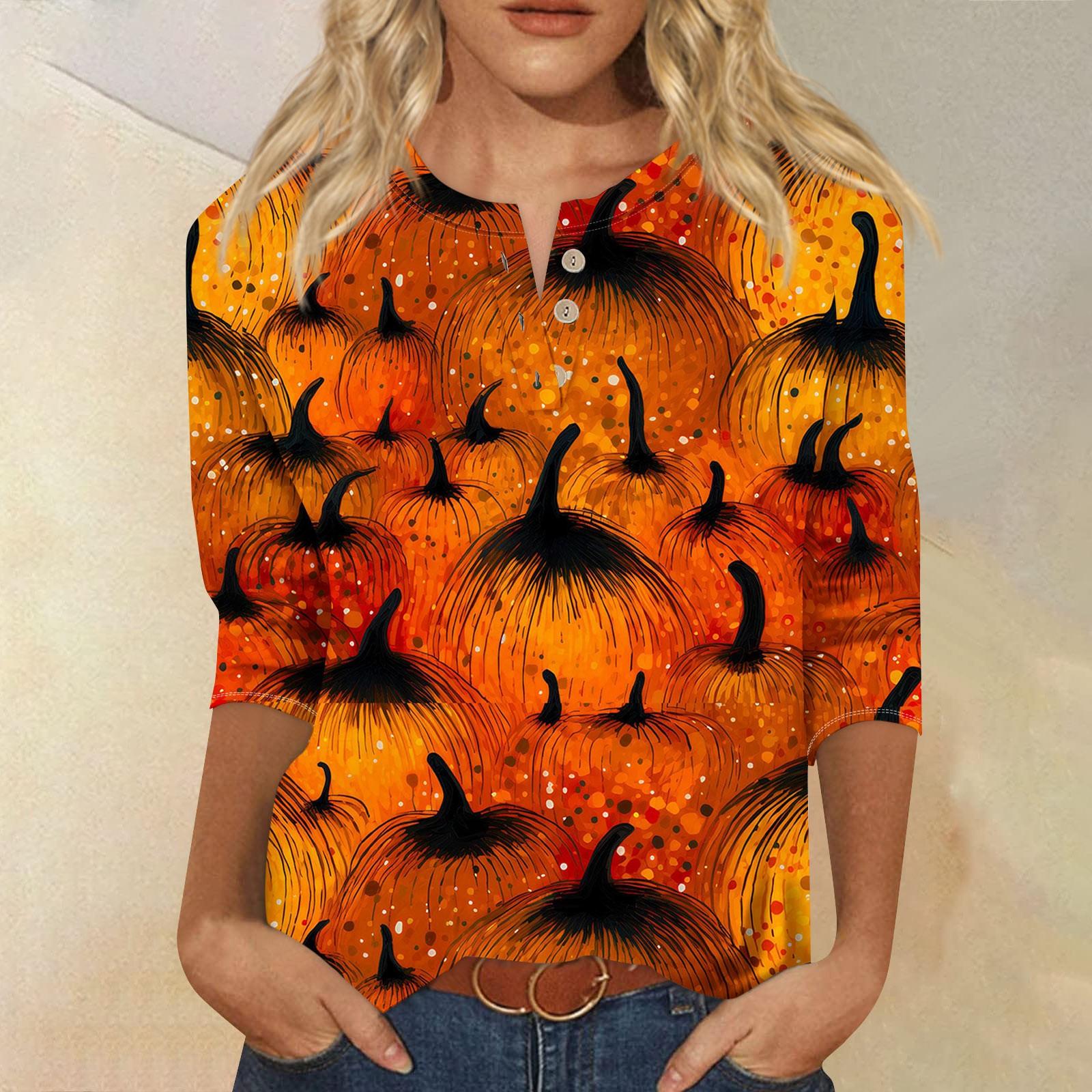 

Женский повседневный топ с принтом Хэллоуина, V-образным вырезом, застежкой на пуговицы и рукавами длиной семь четвертей M шафрановый