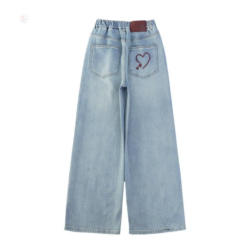 

Spring Kids Children Y2K Streetwear Jeans with Heart Embroidery Pocket for Girl Harajuku Retro Washed Fashionable Denim Pants 120 синий