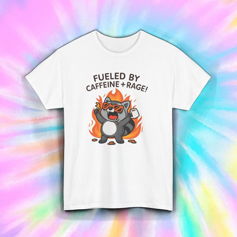 

Fueled By Caffeine and Rage Shirt Angry Raccoon Coffee Funny Cartoon Tee S-5XL M