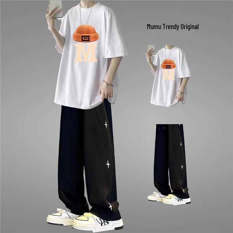 Men's Stylish Hong Kong Summer Outfit: Star Print Short Sleeve Top & Straight Leg Long Pants with Hat