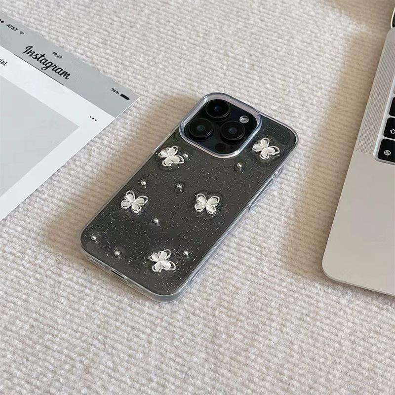 

Silver Pearl Ins Wind Butterfly Phone Case for IPhone 16 Promax Transparent Flash Powder for Apple 15 Creative 17 Pro For iPhone 7/8/SE 2020