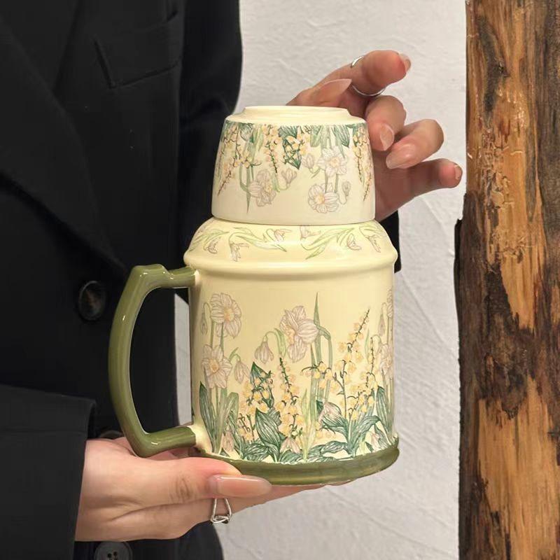 Retro Original Design Wind Chime Flower Water Bottle Cup Set Afternoon Tea Ceramic Cup High End Large Capacity Covered Tea Cup