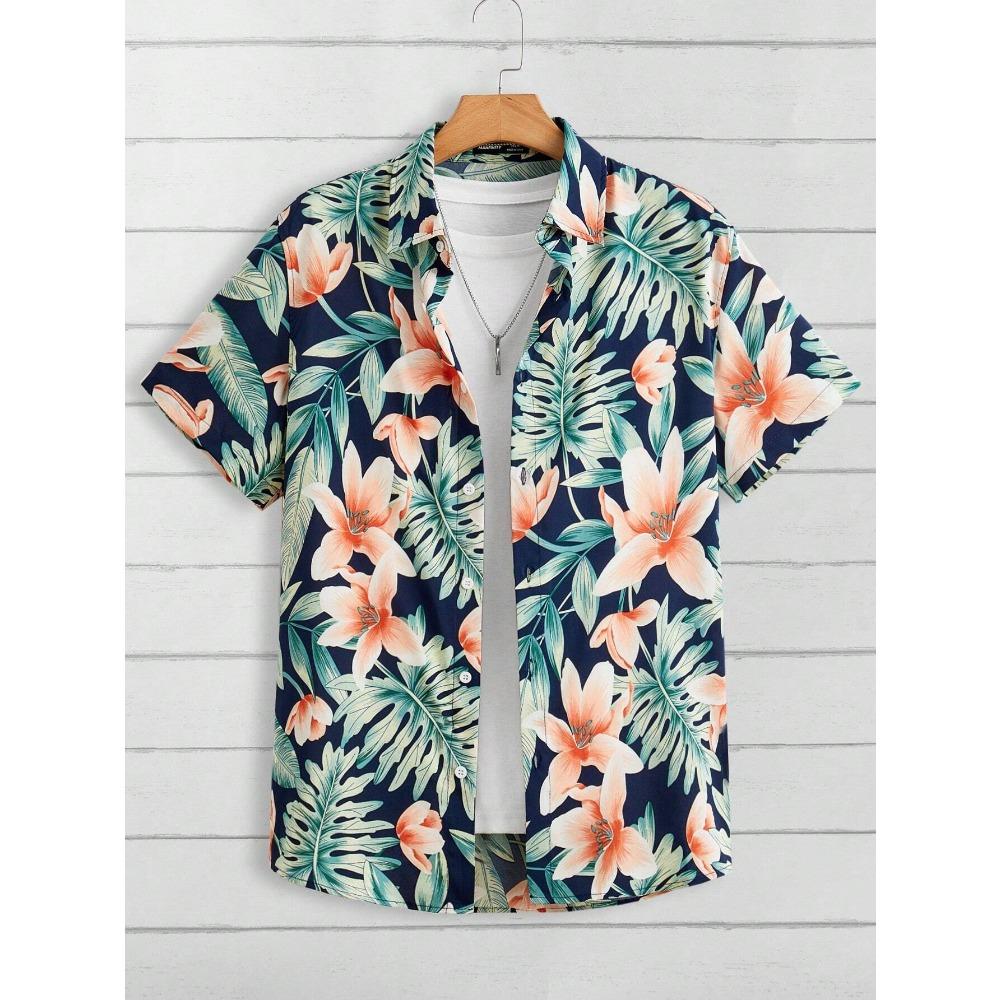 Hawaiian Style Fresh Coconut Print Men's Short-sleeved Fashion Shirt Men's Summer Outdoor Vacation Fashion Short-sleeved Shirt