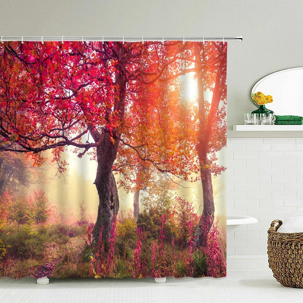 Green Scenery Shower Curtain with Hooks, Waterproof Bathroom Partition, Weighted Bottom Reinforced Eyelets & Easy To Clean