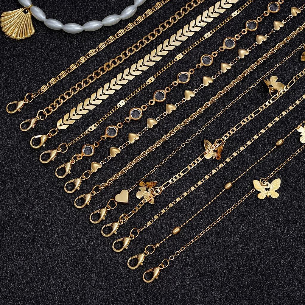 iF ME Summer Beach Gold Color Anklet Sets for Women Fashion Butterfly Heart Crystal Foot Bracelet Versatile Daily Jewelry Gifts