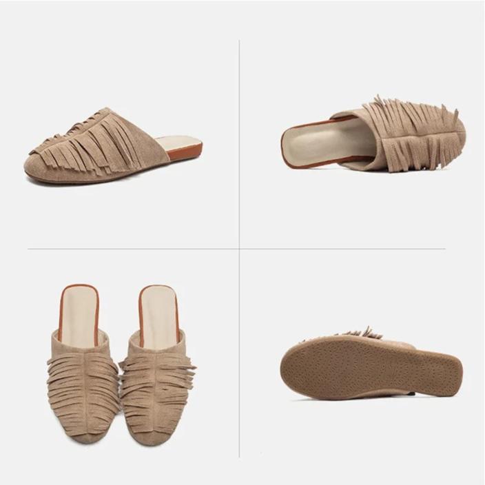 Johnature Chinelos Planos de Moda com Franjas em Camurça de Vaca Leves Confortáveis e Versáteis Sapatos Slip-on Femininos