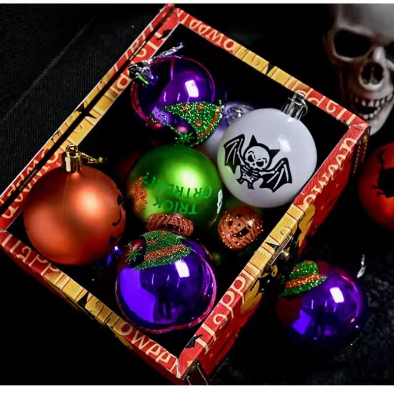Halloween 6Cm 16Pcs Glow-In-The-Dark Painted Electroplated Spooky Balls Dark Skeleton Pumpkin Decoration Set Tree Hanging Party
