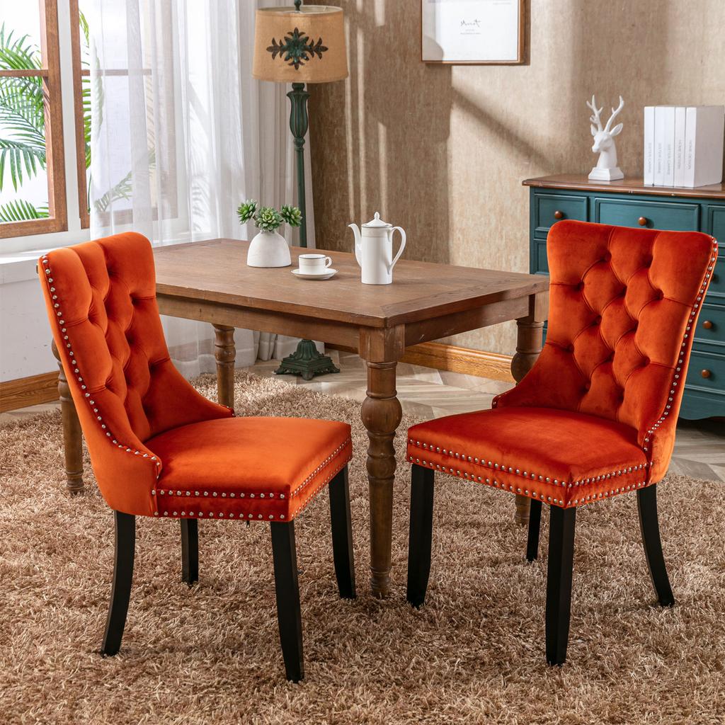 Nikki Collection Hochwertiger getufteter Massivholz Moderner Samtbezogener Esszimmerstuhl mit Holzbeinen Nagelkopfverzierungen 2er-Set, Orange, DE2001OG