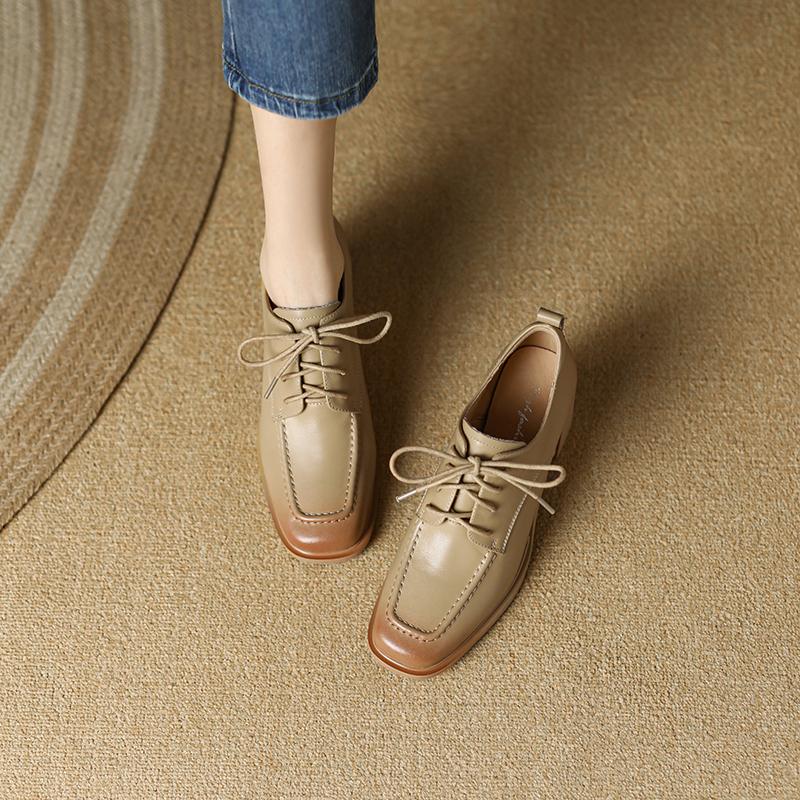 Fashion Mature Dress Women Pumps Fashion Office Ladies Thick Heels Square Toe Genuine Leather Lace-Up Shoes Woman 2025 New Spring Autumn
