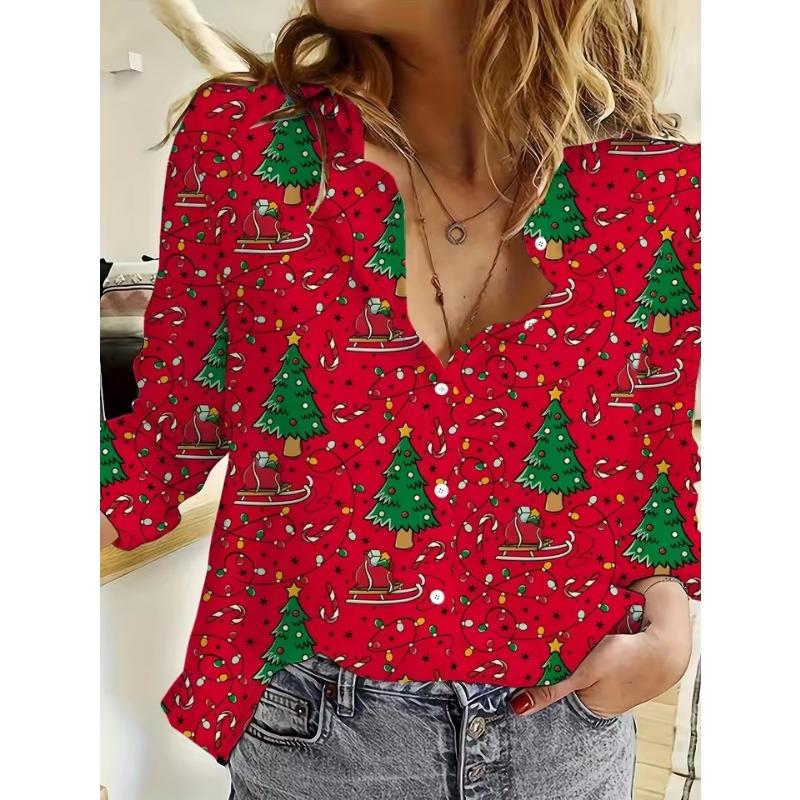 Christmas Women's Shirt Graphic Santa Claus Elegant Vintage Tropical Long Sleeve Shirt Collar Regular Tops Daily Holiday Winter