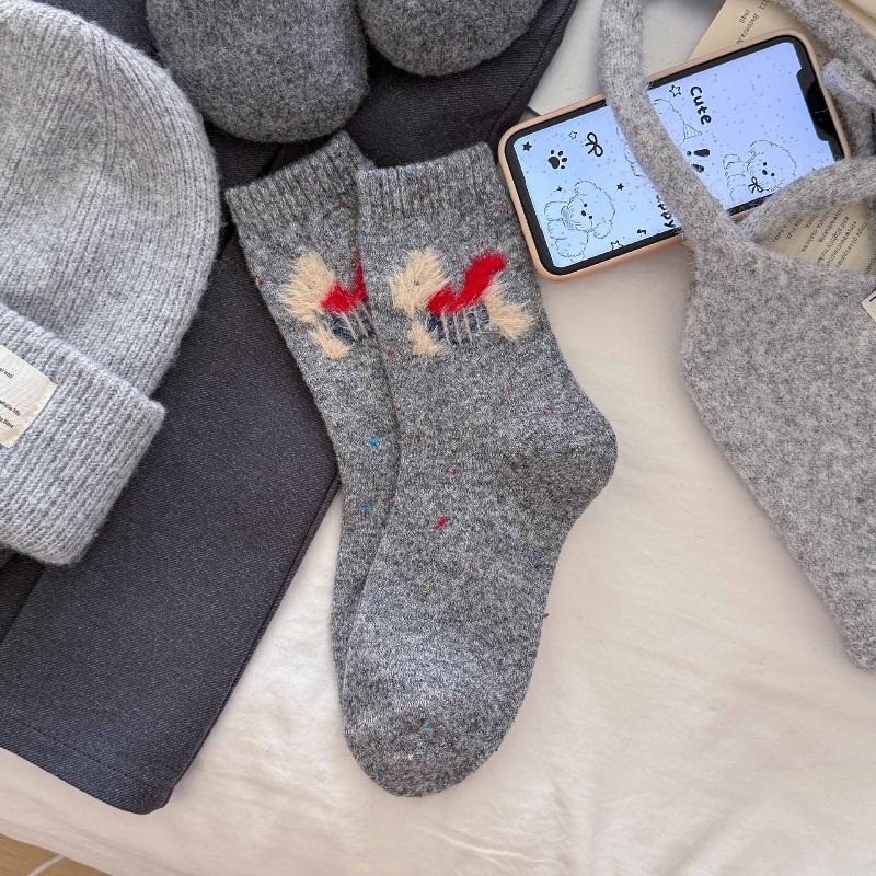 Thick and Warm Women's Socks Featuring Cartoon Dogs. Winter and Autumn Style. Wool with Yarn Dots. Mid-calf Length Socks.