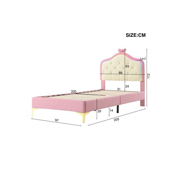 Lit Simple - MUVOE - 90x200 Cm - Rose - LED Multicolores - Design Ondulé Avec Nœud Rose