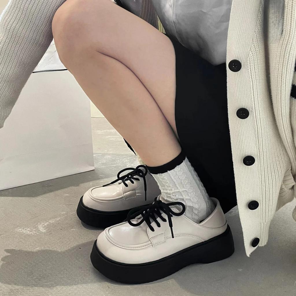 Kleine Lederschuhe Damen  Neuer Einzelschuh Plateau Muffin Schleife Runde Spitze Mode Mary Jane Schuhe Damenschuhe