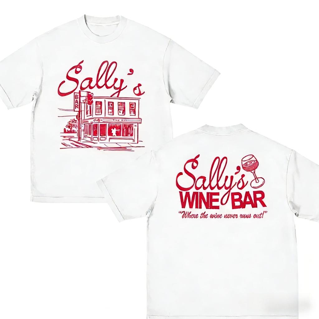 Summer Vintage Y2K Retro Sallys Wine Bar Tshirt for Men Women Fashion Hip Hop Short Sleeve Cotton Casual Top Streetwear Loose