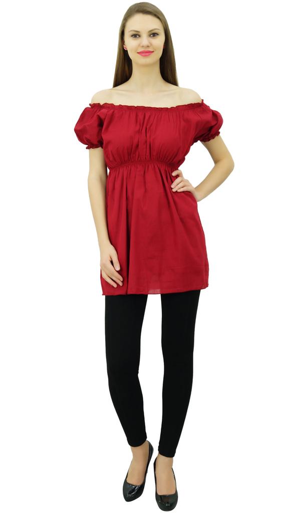 Bimba Women's Off shoulder Puff Sleeve Tops Elastic Waist Blouse Cotton