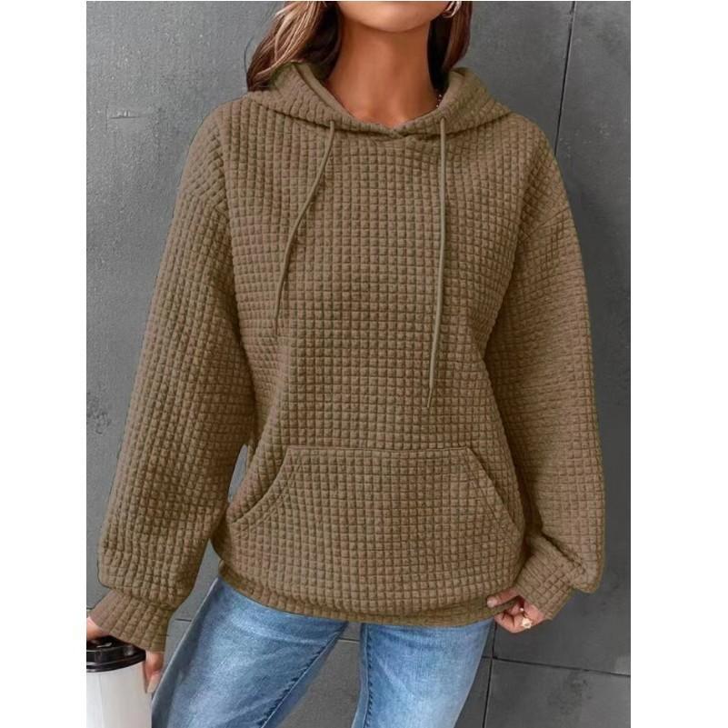 Plus Size Casual Sweatshirt, Women's Plus Solid Waffle Pattern Long Sleeve Drawstring Hooded Sweatshirt With Pockets