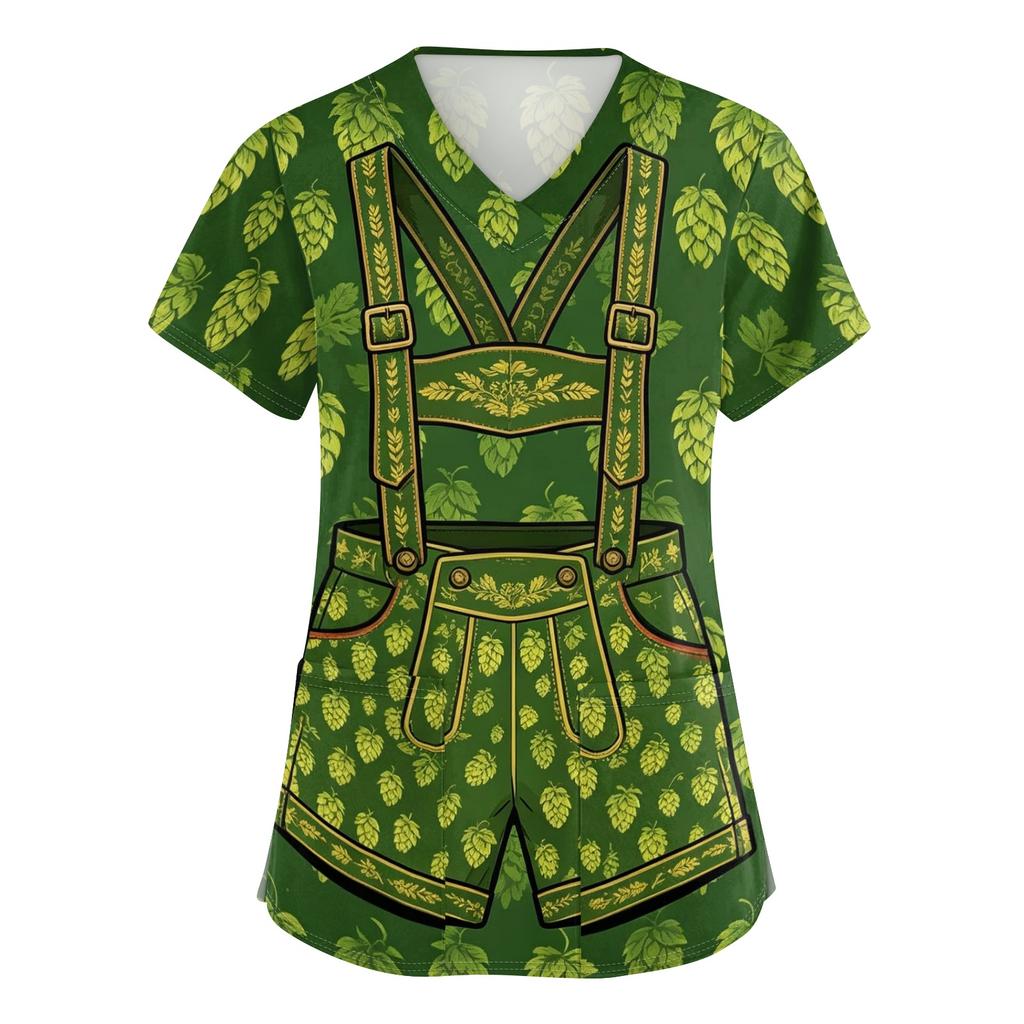 Women's V Neck Short Sleeve Work Shirt with Pockets Oktoberfest Print Nursing Scrub Top Comfortable Fit Lightweight Fabric