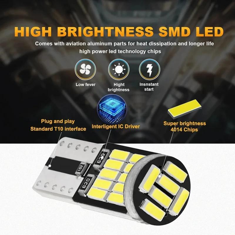10-30PCS W5W T10 Led Bulbs Canbus 4014 SMD 6000K 168 194 Led 5w5 Car Interior Dome Reading License Plate Signal LightLamp Bulbs 7