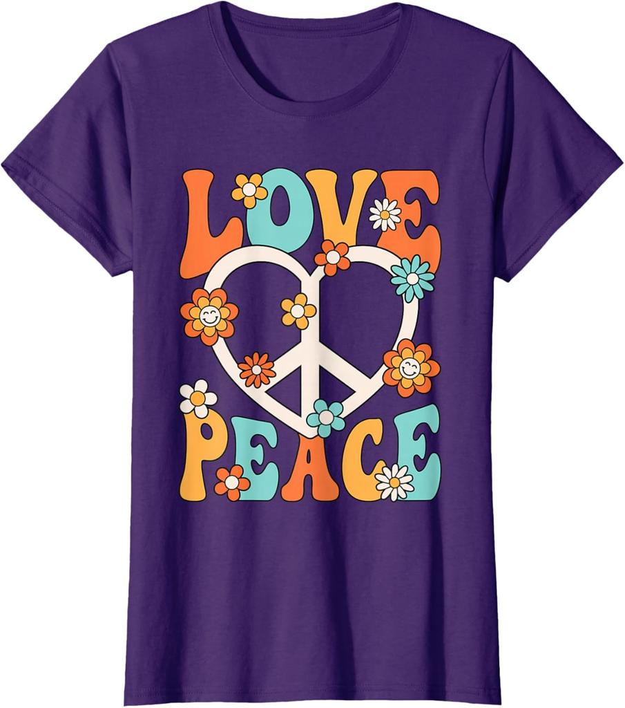 Love Peace Sign Groovy Hippie Graphic Tee Retro 70s Style Cotton T-Shirt for Women