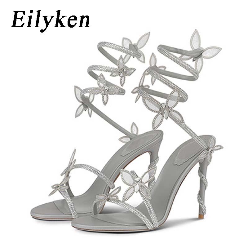 Fashion Eilyken Sexy Crystal Butterfly-knot Ankle Strap Sandals Woman Fashion Open Toe Stiletto High Heels Banquet Party Pumps Shoes