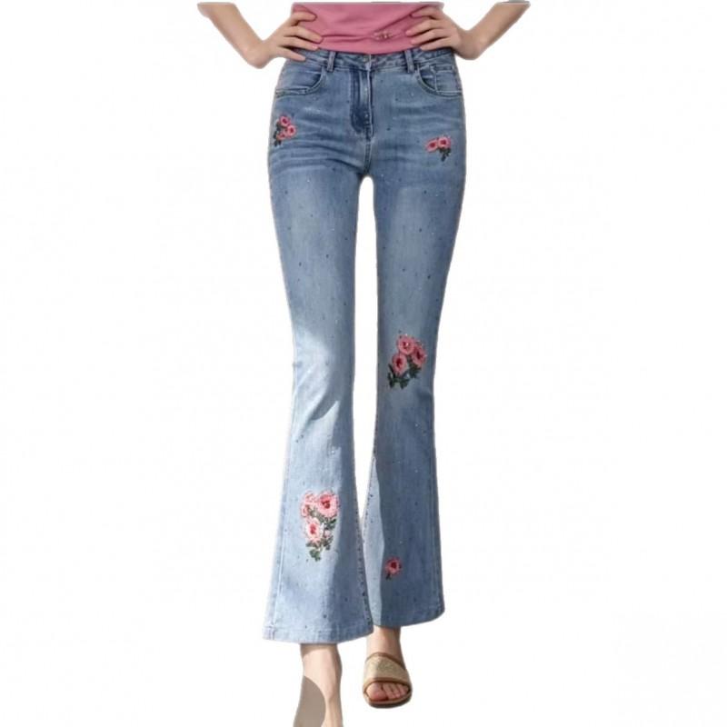 Womens High-Waisted Embroidered Floral Flared Jeans Slim Fit Lightweight Denim Pant 2026