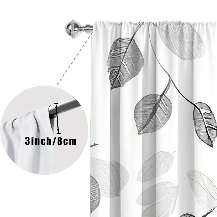2 Elegant Black And White Leaf Patterned Curta - Semi Transparent Polyester, Pole Bag Design
