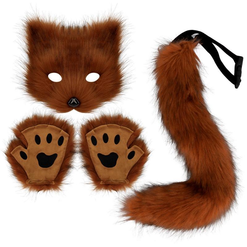Halloween Set, Simulated Fox Mask Gloves, Plush Fox Tail, Handmade Beast Tail Cos Prop Accessories.