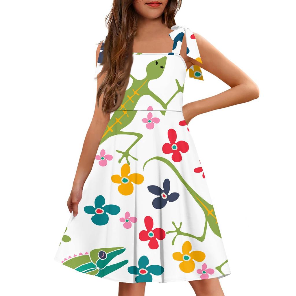 Barnejumpsuit uten mansjetter, lomme, firkantet hals, avslappet, blomstermønstret kjole