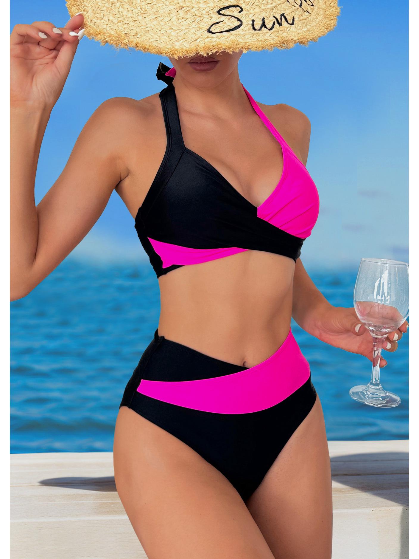 

2025 Колорблок Купальник бикини из двух частей с высоким поясом и халтернеком для женщин. Extra Large чёрный