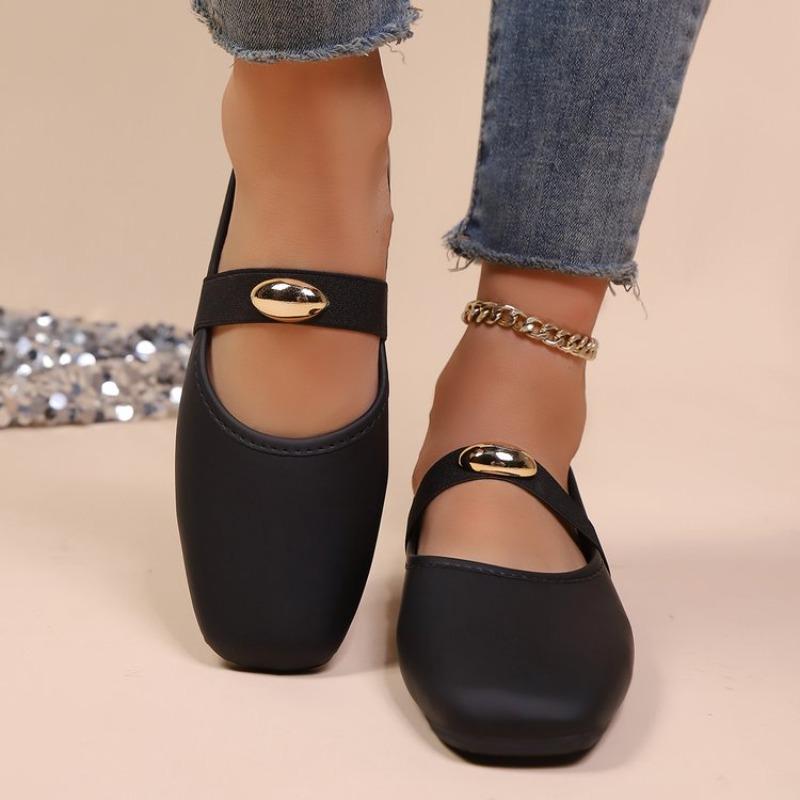 Fashion Spring Genuine Leather Ballet Shoes Women's Round Toe Flat Single Shoes Golden Buckle Lazy Loafers One Word Band Mary Jane Shoes