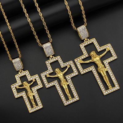 New Diamond Studded Hollow Jesus Cross Necklace Stainless Steel Pendant