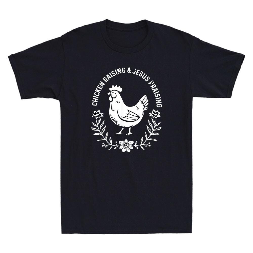 Chicken Raising amp; Jesus Praising Funny Graphic Retro Men039;s Short Sleeve T-Shirt Unisex T-Shirt L