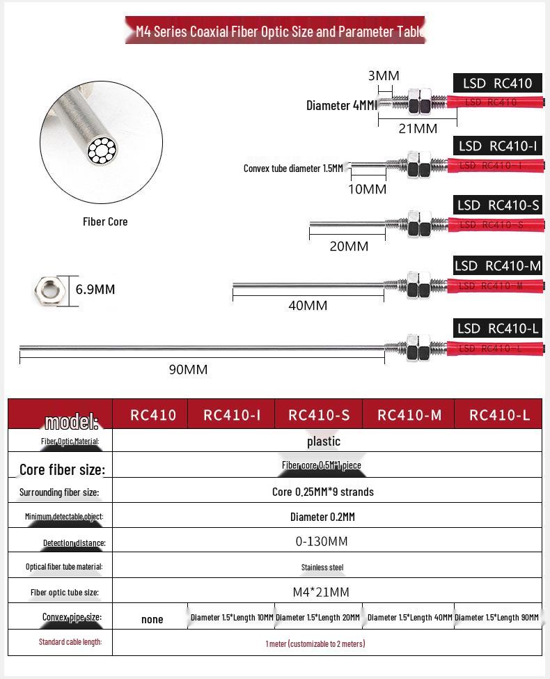 Losida Optical Fiber Probe: M4 Diffuse Reflection, M6 Coaxial, 1m/2m Reflective Sensor Cable