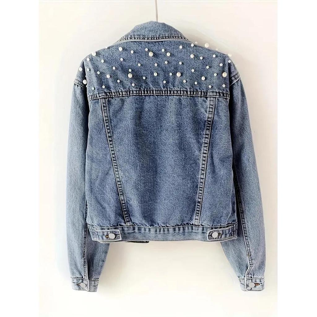 Trendy Women's Plus Size Pearl Embellished Denim Jacket