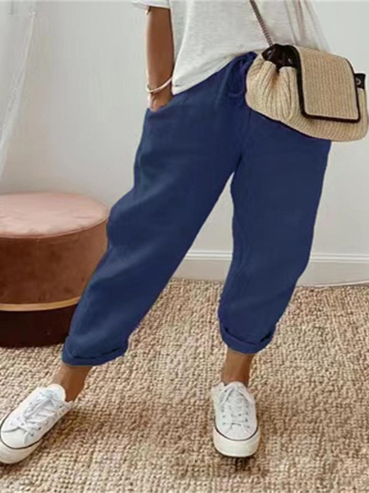 

Женские повседневные брюки из хлопка и льна с карманами, повседневные брюки со свободной талией для женщин 5XL темно-синий