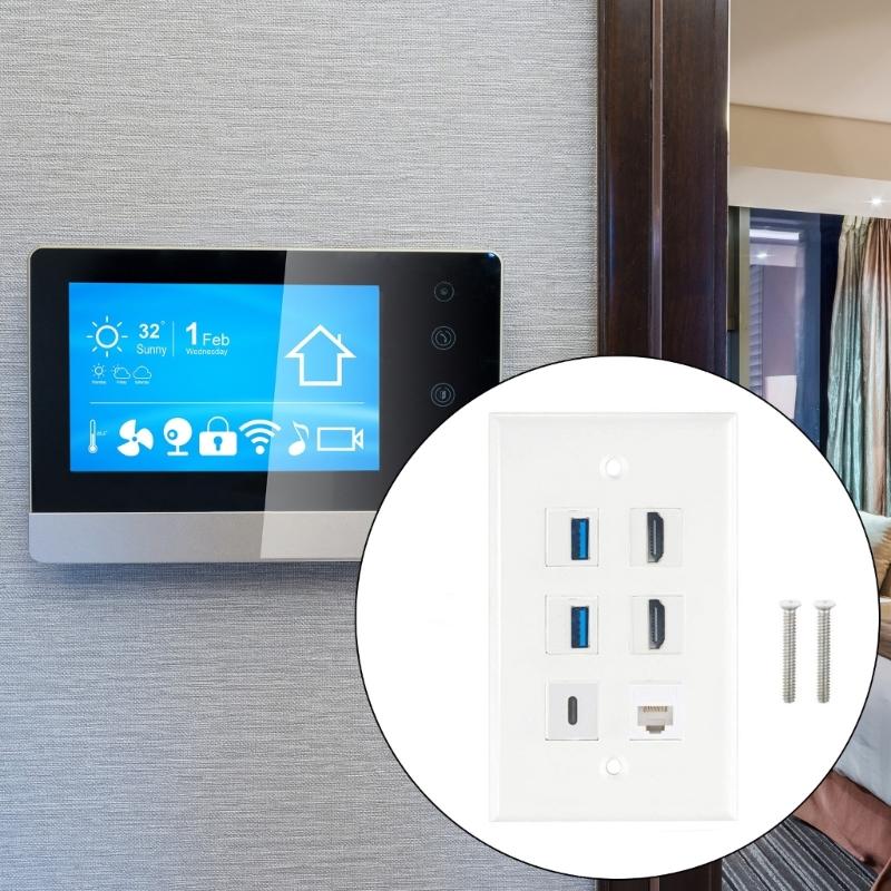 HDTV Keystone Wall Plate Cat6 2xUSB3.0 1x Type C 1x CAT6 RJ45 Ethernet Type Port HDTV Decorative Connector Wall Plate