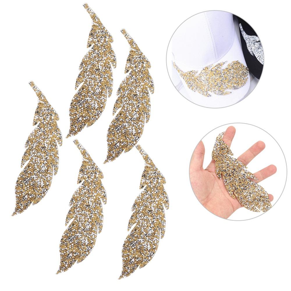 5pcs Iron on Applique Rhinestone Patches Glitter Leaves Pattern Applique Clothing