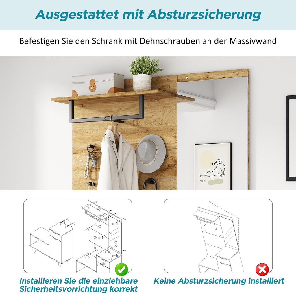 Set 190cm, Garderoben-Set Spiegel, Stylishe Schuhbank, Schuhschrank, Schublade, Regal, Kleiderhaken, Wandgarderobe Holzfarbe & Weiß