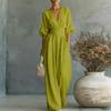2026 Diepe V-hals Dames Jumpsuits Elegante Effen Hoge Taille Rompers Casual Wijde Pijpen Broek Zak Overalls Vakantie Outfit Los