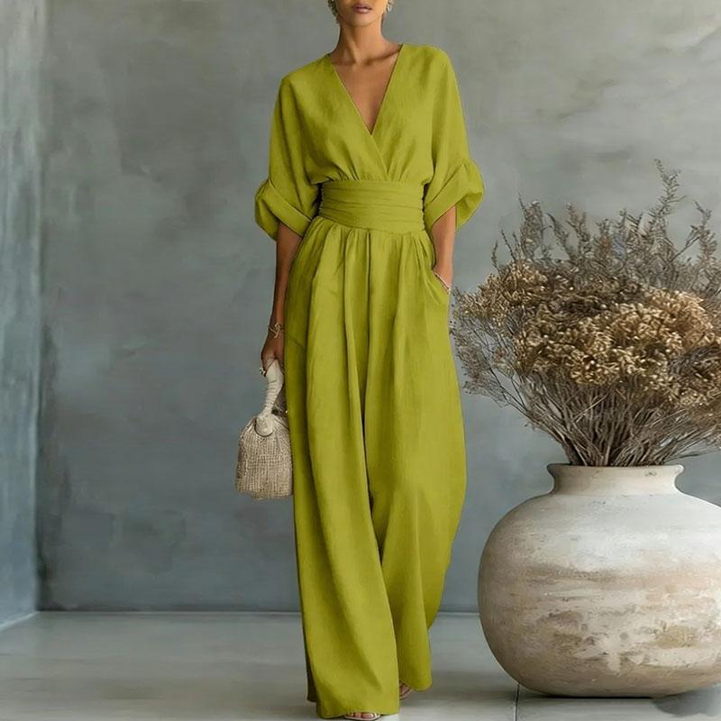 2026 Diepe V-hals Dames Jumpsuits Elegante Effen Hoge Taille Rompers Casual Wijde Pijpen Broek Zak Overalls Vakantie Outfit Los
